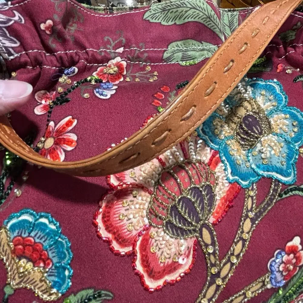 Isabella Fiore beaded Shoulder bag purse multicolor floral & tan leather trim